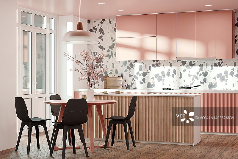 现代风格的厨房室内设计，水磨石墙面和粉色橱柜图片素材