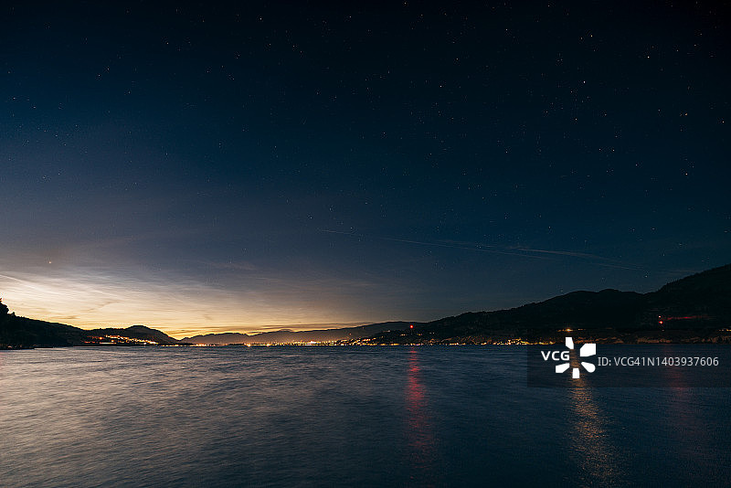 斯卡哈湖和奥卡诺根河谷上空的星空，地平线上有金色光芒图片素材