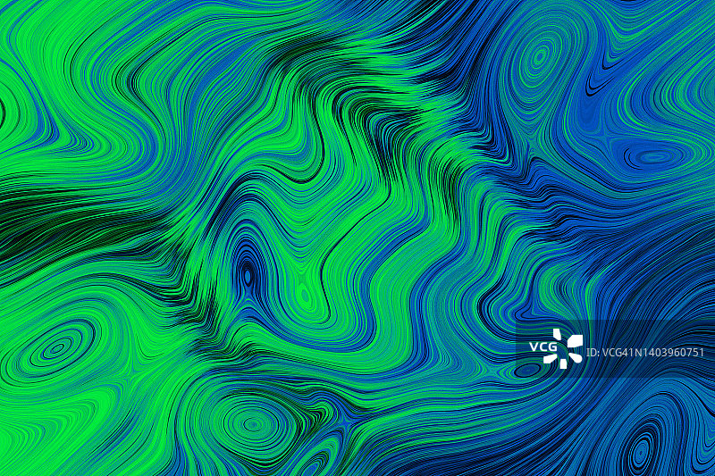 彩色霓虹抽象蓝绿色漩涡流体条纹线条波浪背景。曲线变形图片素材