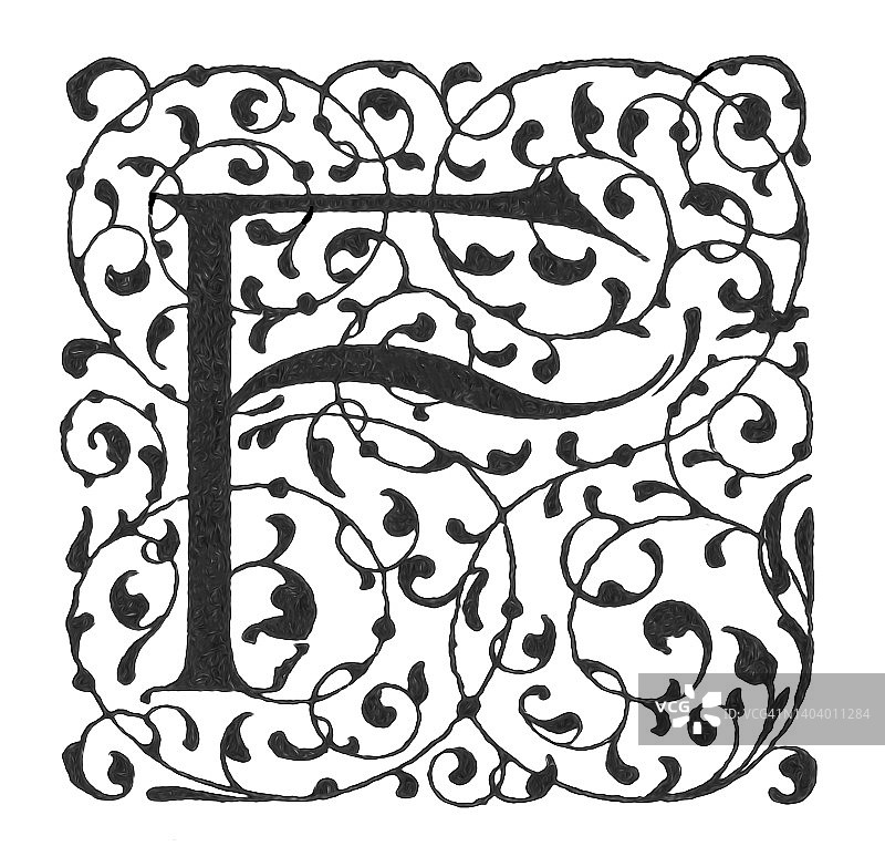 字母F装饰的复古雕刻插图图片素材