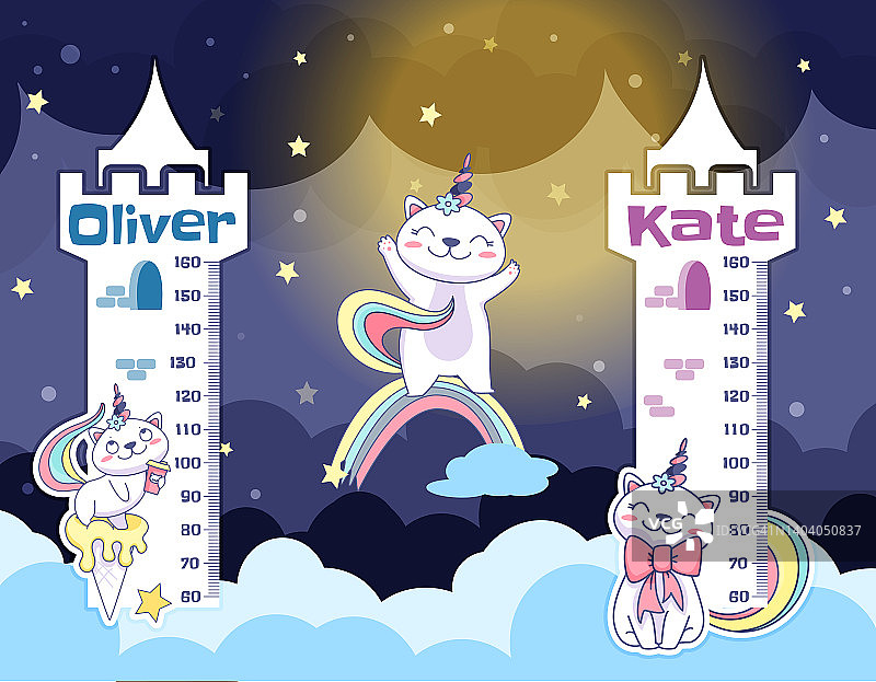 扁平风儿童身高测量墙贴可爱猫独角兽图片素材