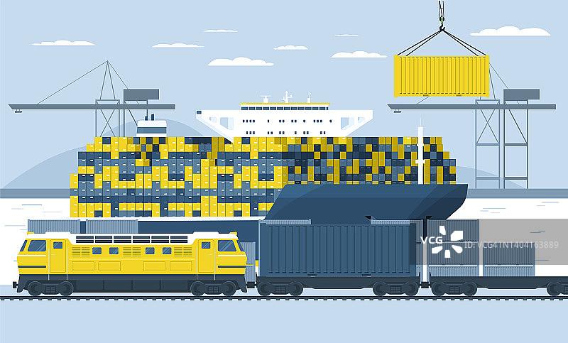 货运列车在港口从集装箱船上装载集装箱矢量插图图片素材