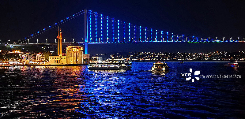 土耳其伊斯坦布尔博斯普鲁斯海峡大桥夜景图片素材