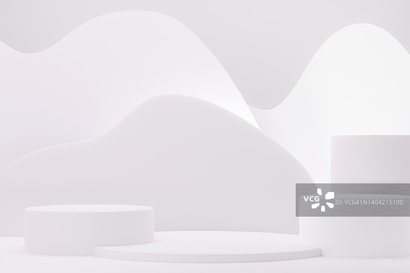 带有波浪的白色背景上的白色领奖台，适合产品展示的完美场所，三维插图图片素材