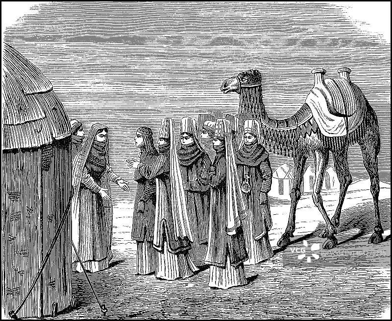 土库曼婚礼：19世纪妇女与骆驼迎接新娘（历史照片，数字化修复）图片素材