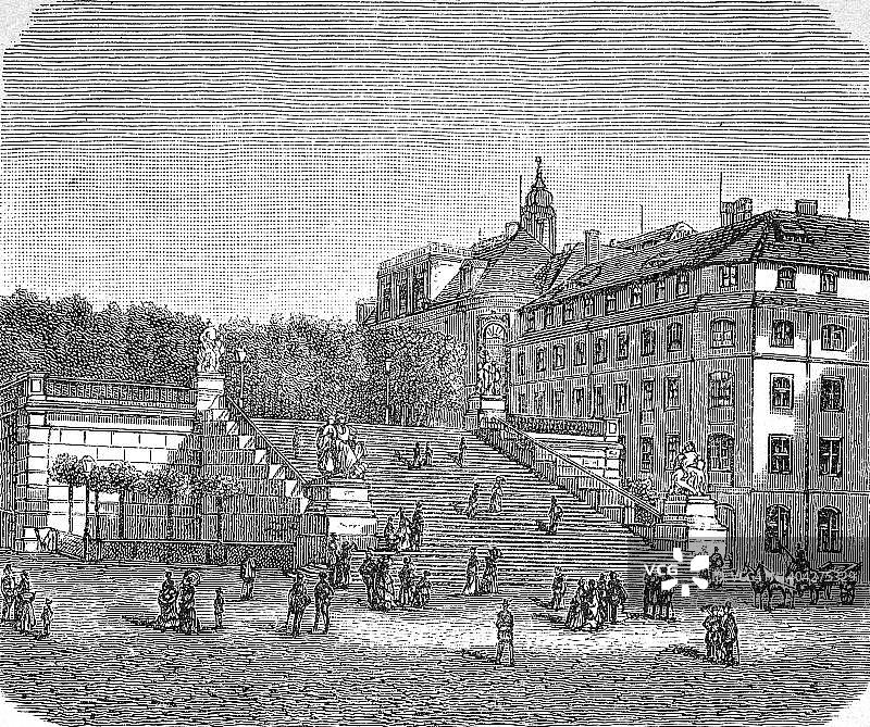 1870年德国萨克森州德累斯顿布吕尔露台的阶梯，19世纪原件的数字化修复复制品，确切的原始日期未知图片素材