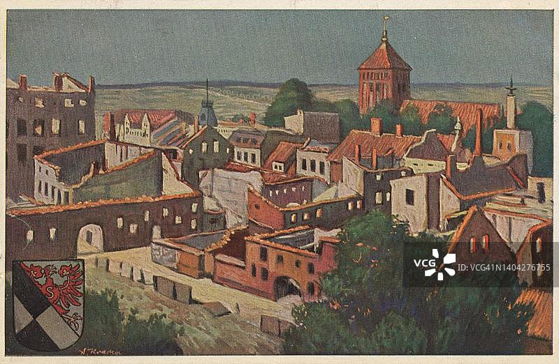 教堂和废墟，戈尔达普，波兰瓦尔米亚-马祖里省的小镇，原东普鲁士，德国，1910年明信片数字复制品图片素材