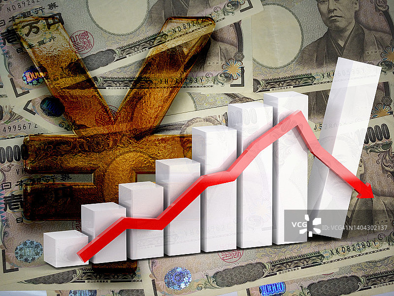 经济图表：下降箭头和日元现金图片素材