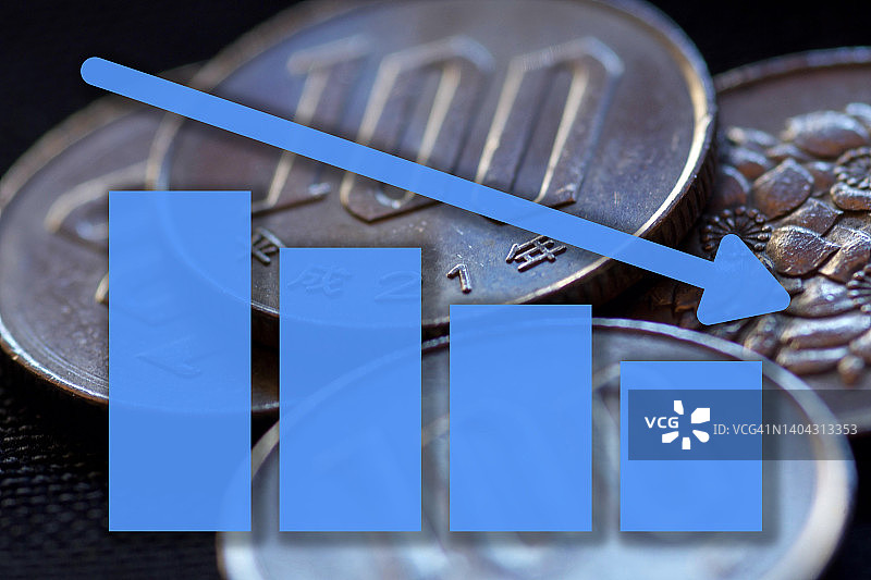 经济图表：下降的箭头和日元现金硬币图片素材