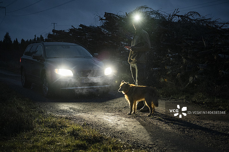 黄昏时分，男子带着狗图片素材
