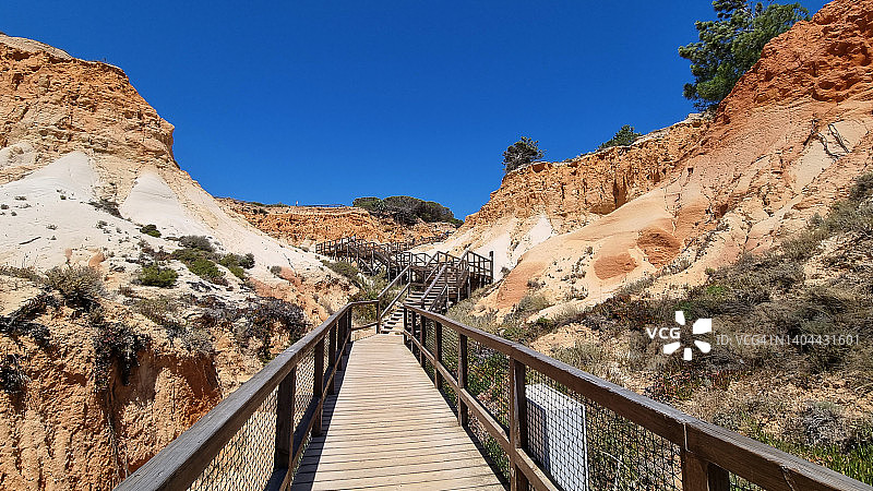 葡萄牙阿尔加维阿尔布费拉法莱西亚海滩石灰岩悬崖上的高架木板路图片素材
