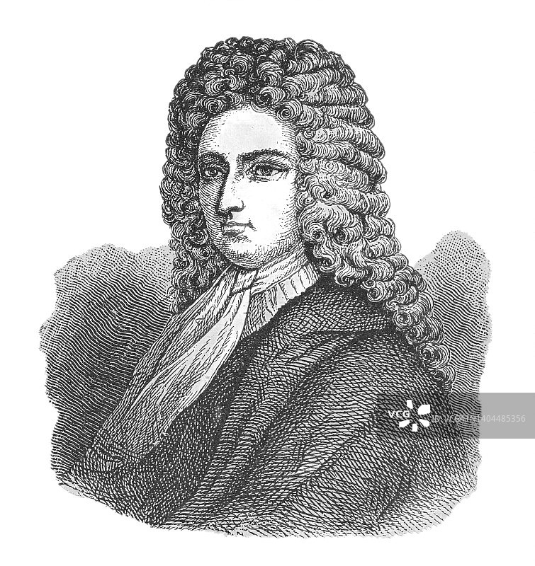 英国作家、商人、记者、小册子作者兼间谍丹尼尔·笛福的肖像图片素材