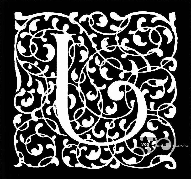 字母J装饰纹样古版画插图图片素材