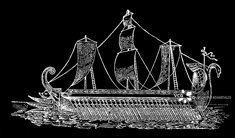 Syracusia（古代最大的运输船）古老雕刻插图，由阿基米德设计，科林斯的阿奇亚斯奉叙拉古的希伦二世之命于公元前240年左右建造图片素材