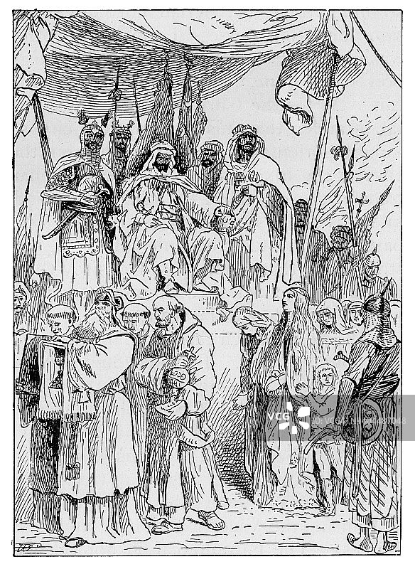 萨拉丁（埃及和叙利亚的第一任苏丹，阿尤布王朝的建立者）宝座上的古老版画图片素材