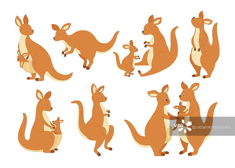 卡通袋鼠一家。袋鼠妈妈和小袋鼠，澳大利亚有袋动物图片素材