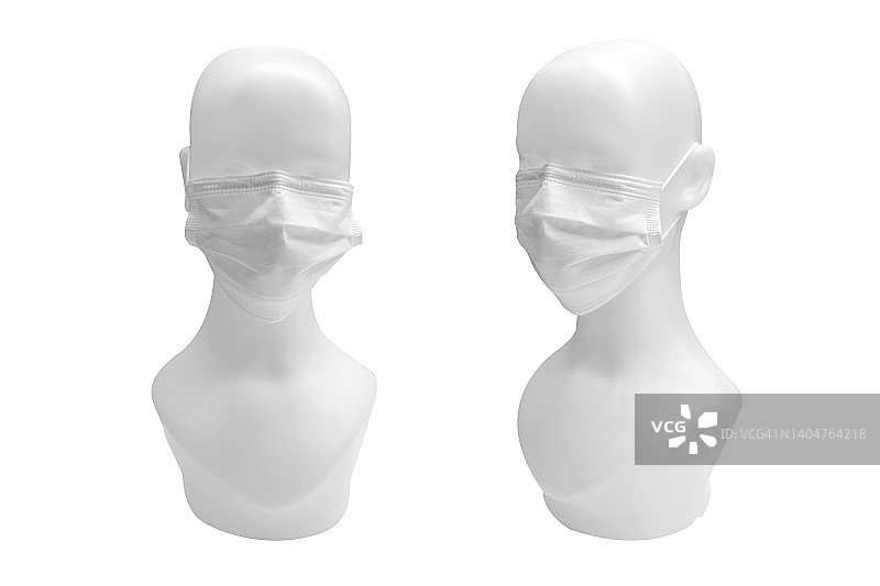 人体模型上的白色织物口罩，白色背景，带剪切路径图片素材