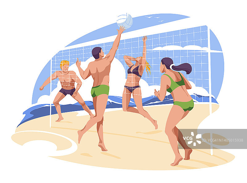 海边的沙滩排球场景男女角色扁平矢量图图片素材