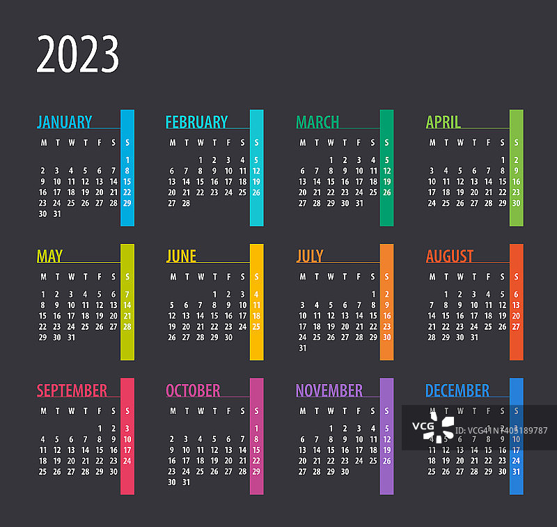 2023年日历插画模板（周一为每周第一天）图片素材