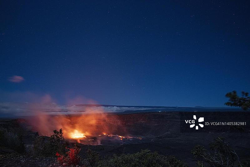 基拉韦厄火山活跃喷发，背景为冒纳罗亚火山，位于美国夏威夷大岛夏威夷火山国家公园哈雷茂茂火山口图片素材