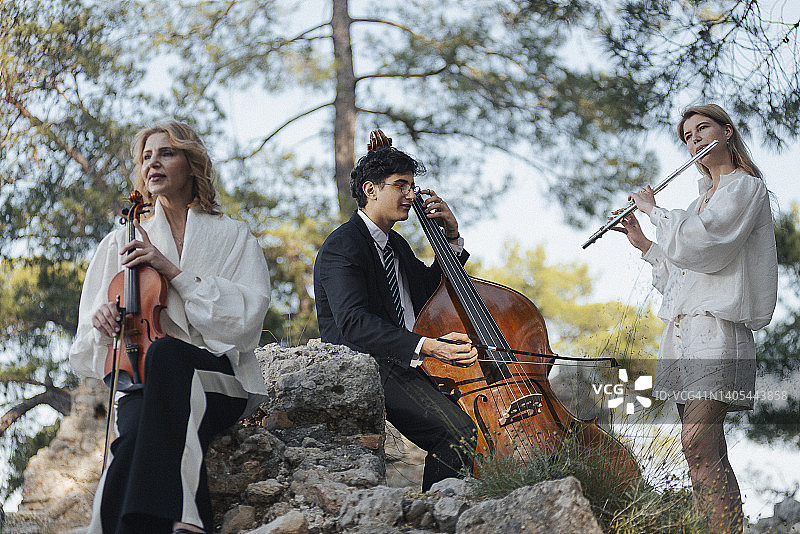 森林里穿着白色连衣裙的两位音乐家和一位穿着黑色西装的音乐家图片素材