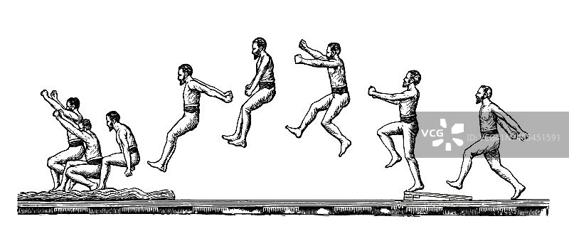 跳跃的人的连续动作老式雕刻插图图片素材