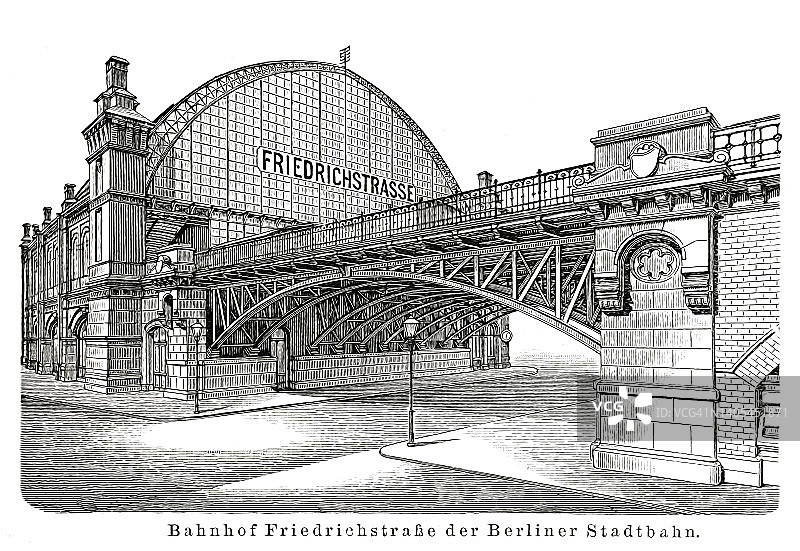 柏林腓特烈大街火车站的古老雕刻插图图片素材