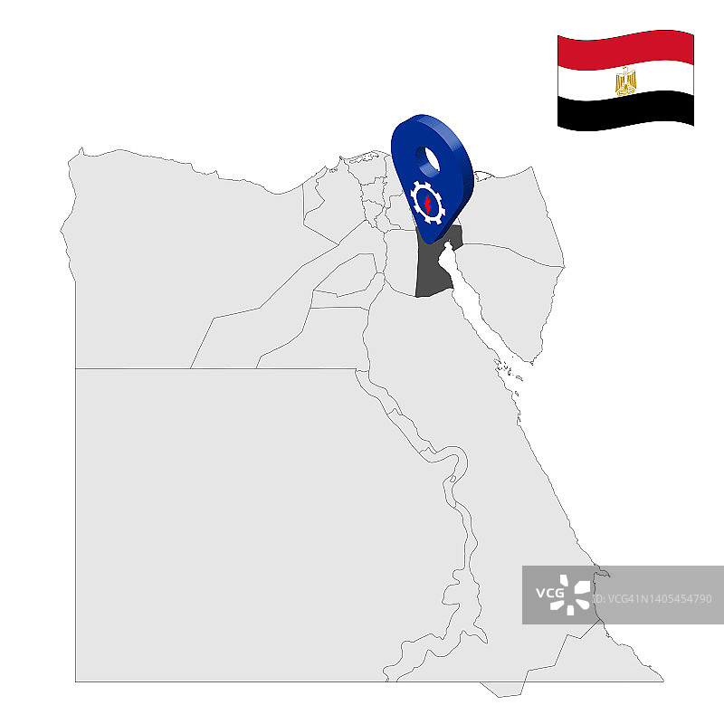 埃及地图上的苏伊士省位置。类似于苏伊士旗帜的3D位置标志。包含埃及各省的优质地图，供您设计。EPS10图片素材