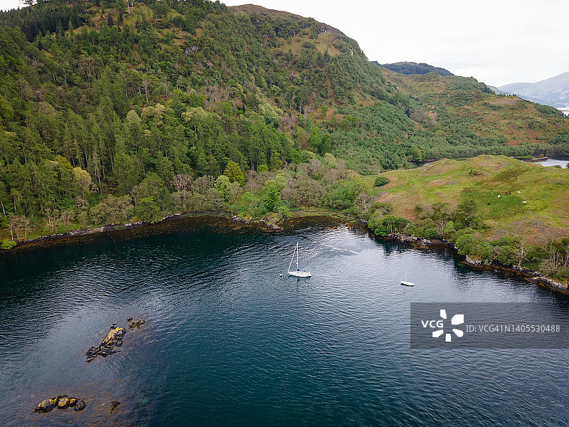 停泊在苏格兰高地湖泊上的帆船图片素材