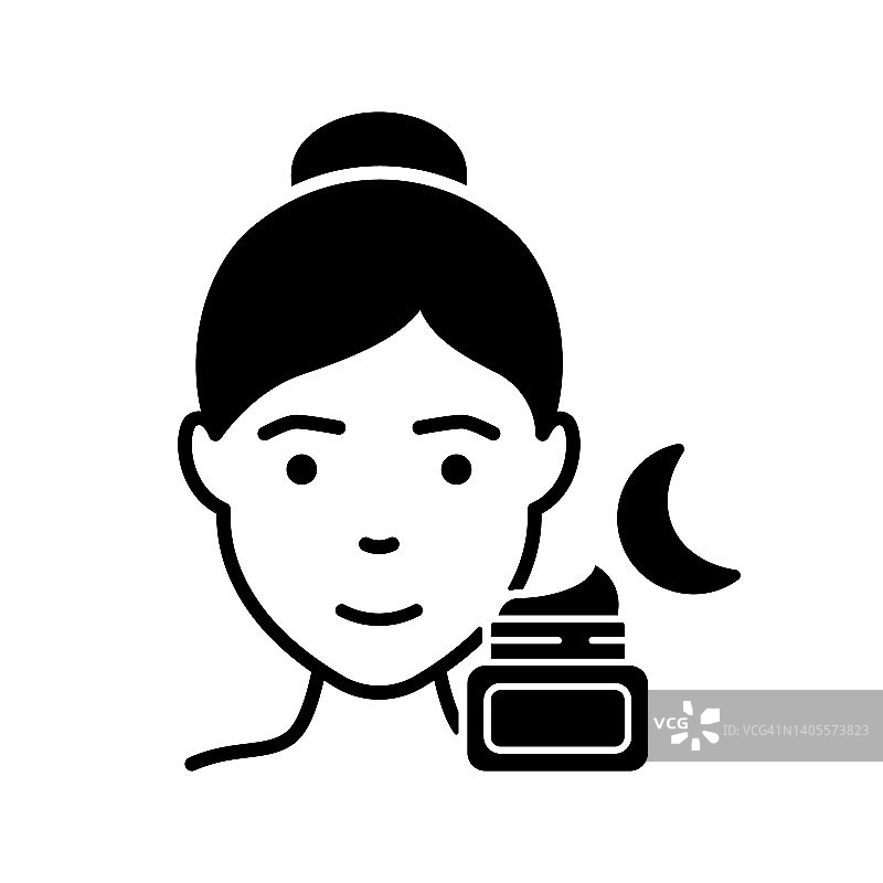 肌肤保湿晚霜剪影图标。女性使用晚霜、凝胶、泡沫、摩丝或香皂黑色图标。独立矢量图图片素材