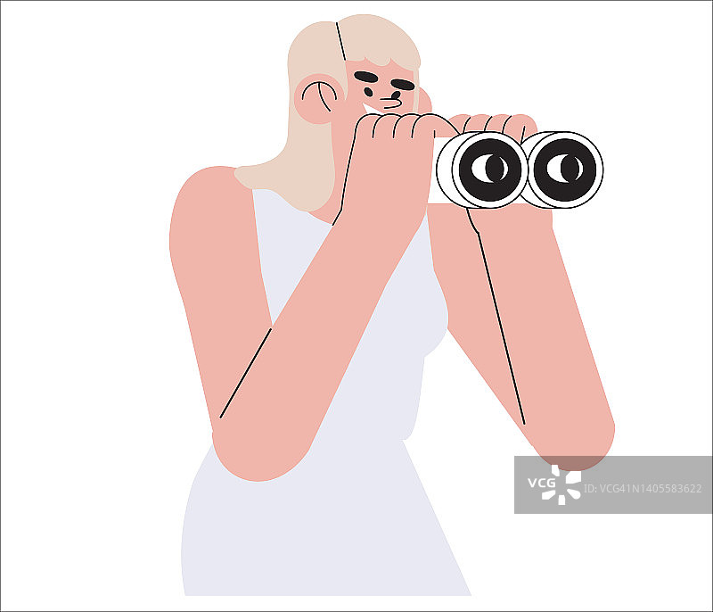 好奇的女员工用双筒望远镜观察图片素材