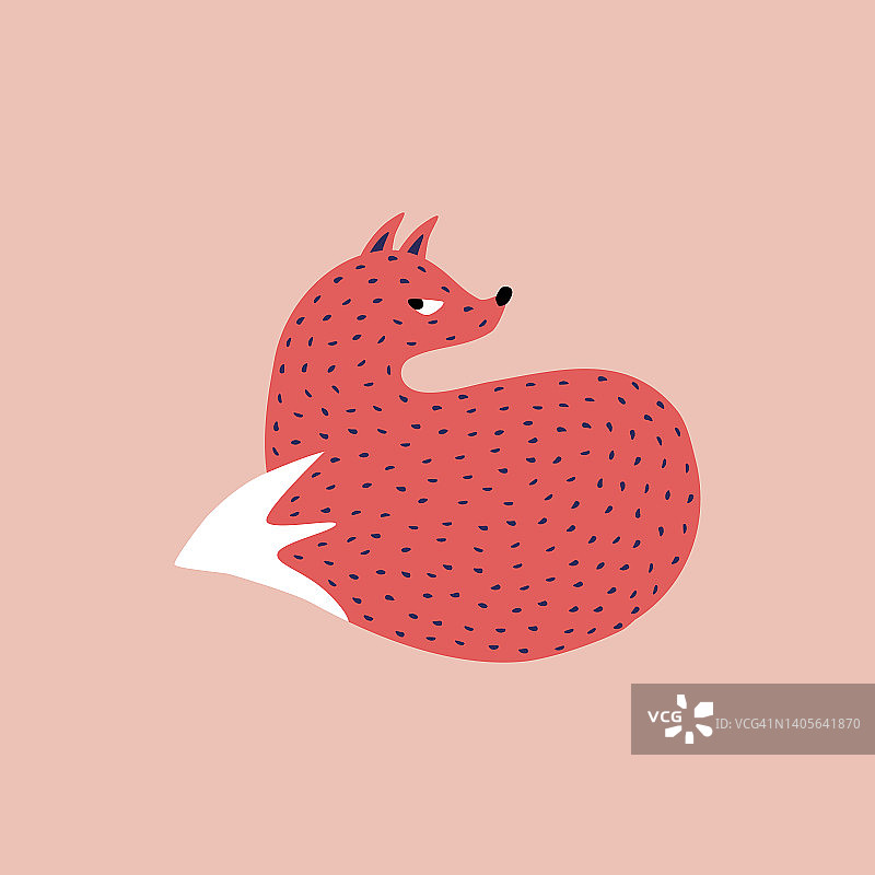 手绘红色狐狸矢量插图，用于儿童标志或图标的扁平风格的有趣森林动物图片素材
