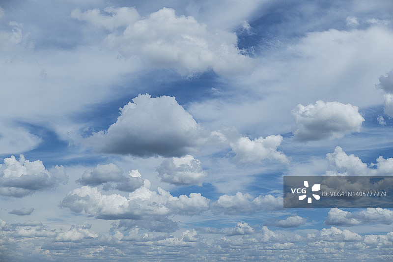 晴朗夏日碧空下特写白色积云，雨前云，多云天气图片素材