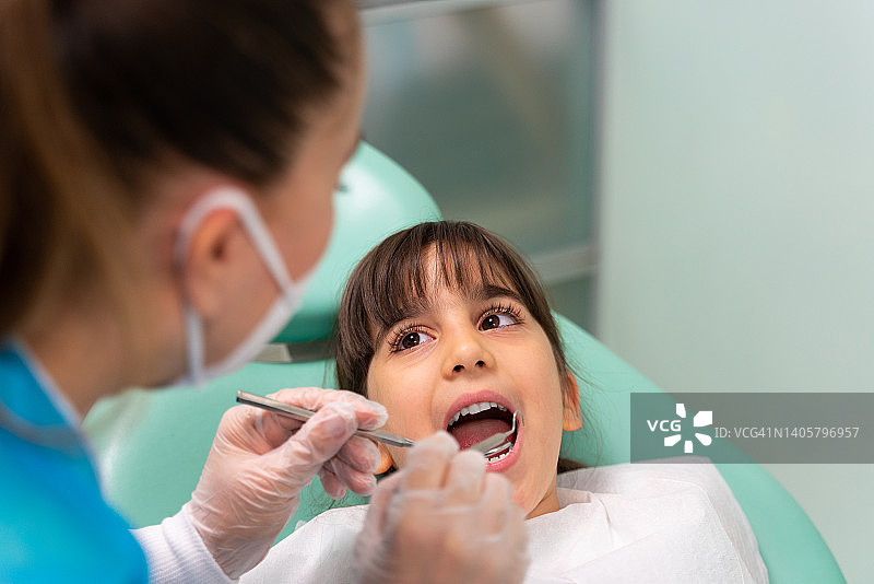 牙医在诊所检查女孩的牙齿图片素材