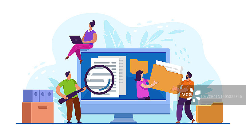 资源，信息技术，数据库中的文档概念。员工团队在计算机服务器上创建文件档案和数据存储图片素材