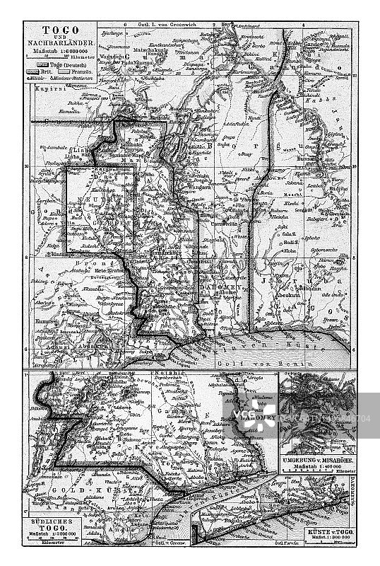 西非国家多哥老旧彩色石印地图图片素材