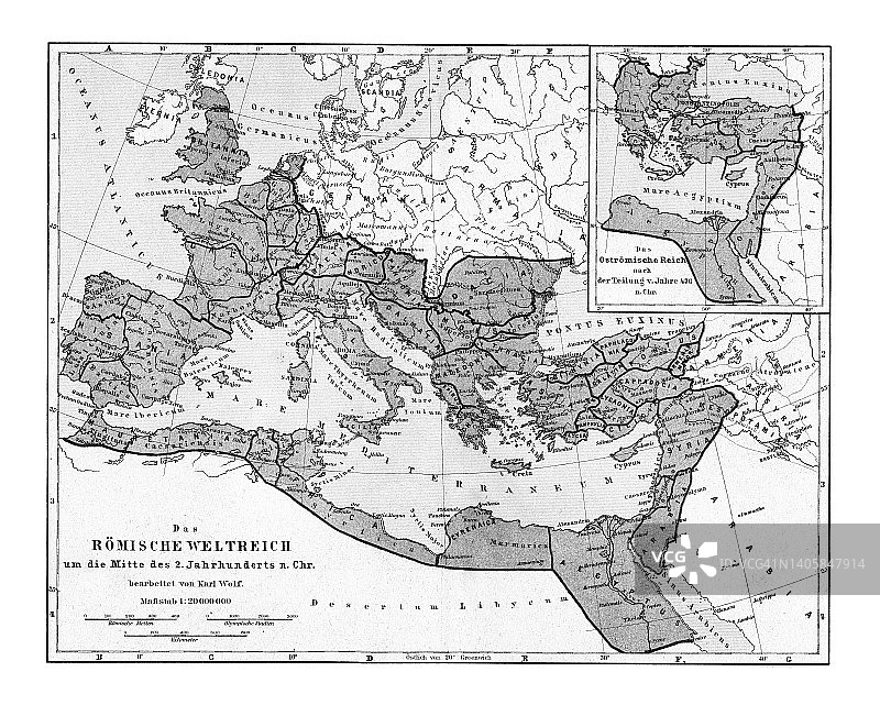 老式彩色石印地图：公元2世纪中叶的罗马帝国图片素材