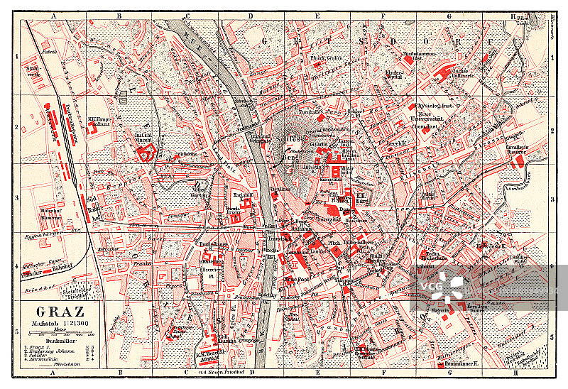 格拉茨古董彩色石印地图，奥地利施蒂利亚州首府图片素材