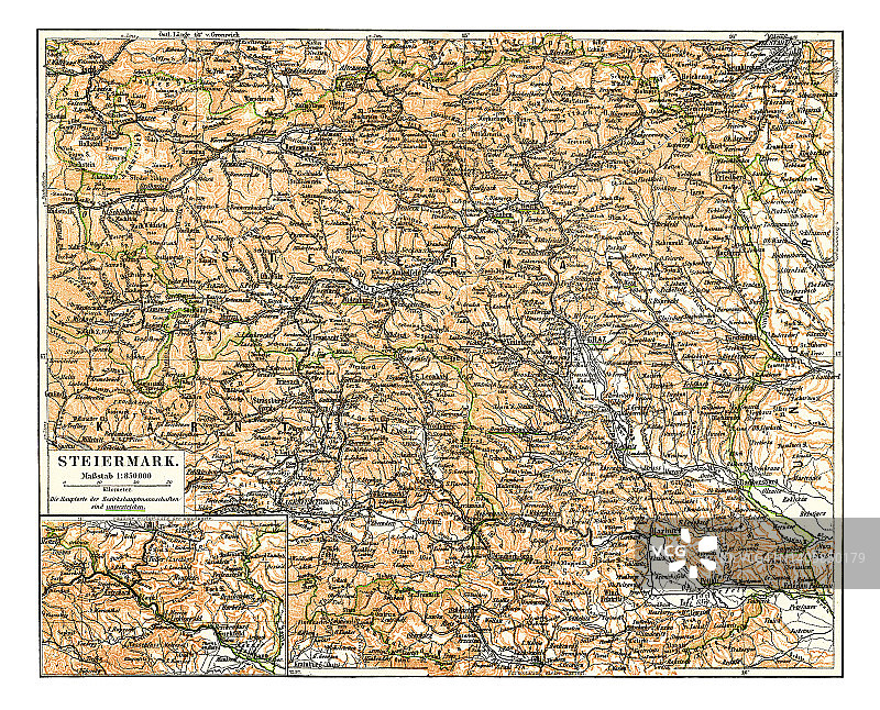 奥地利东南部施蒂利亚州古老的彩色石印地图图片素材