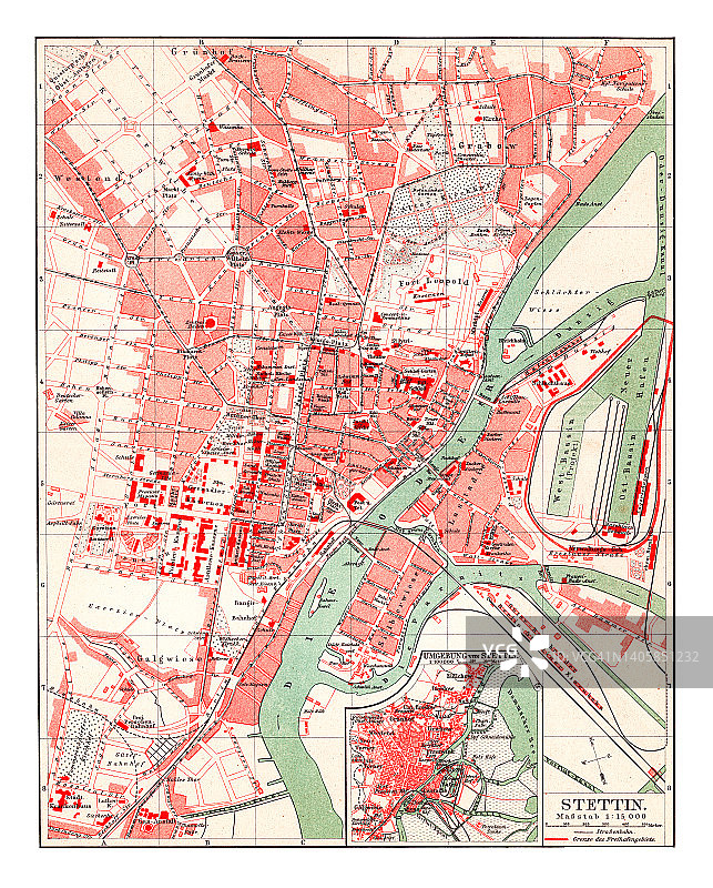 什切青古老彩色石印地图：波兰西北部西波美拉尼亚省首府图片素材