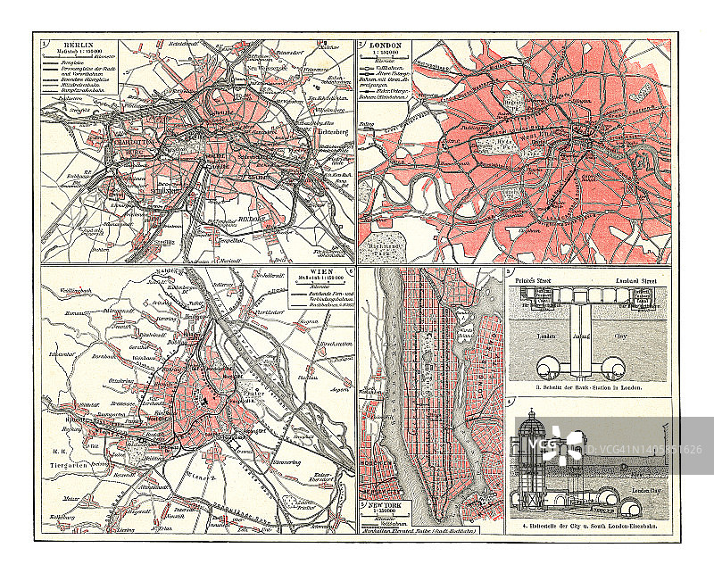 老式彩色石印插图：柏林、伦敦、维也纳和纽约的铁路网络图片素材