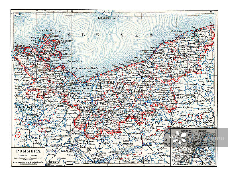 波美拉尼亚老式彩色石印地图 - 中欧波兰和德国之间的波罗的海南岸历史区域图片素材