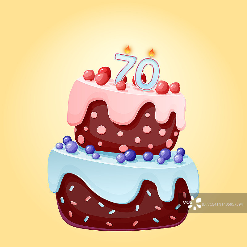 70岁生日蛋糕，数字70蜡烛，卡通节日矢量图。巧克力饼干配浆果、樱桃和蓝莓，生日派对插画图片素材