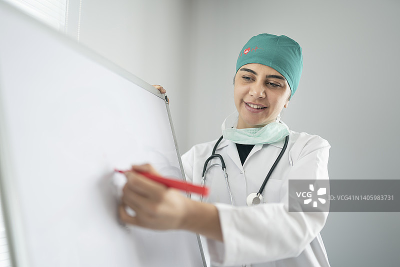 女医生在会议室用笔在玻璃板上书写图片素材