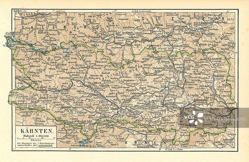 老式彩色石印地图：克恩顿州，奥地利最南端的州图片素材
