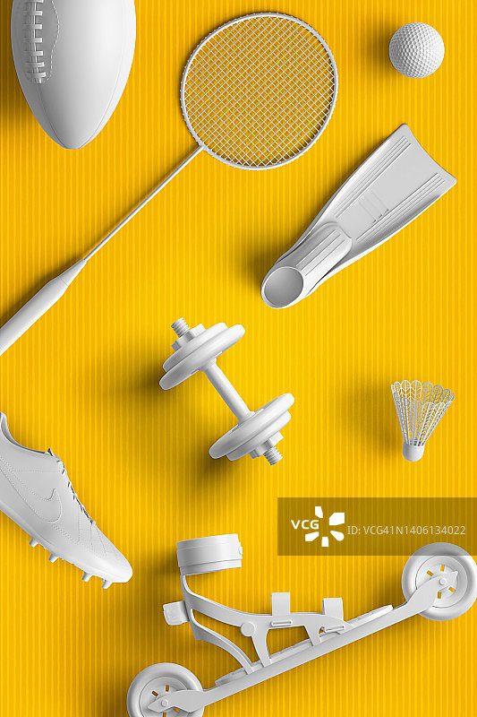 俯视：黄色背景上的球、球拍、头盔等运动元素图片素材