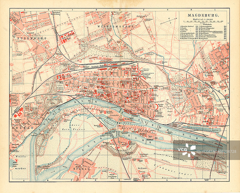 马格德堡古老彩色石印地图，德国萨克森-安哈尔特州首府和第二大城市图片素材