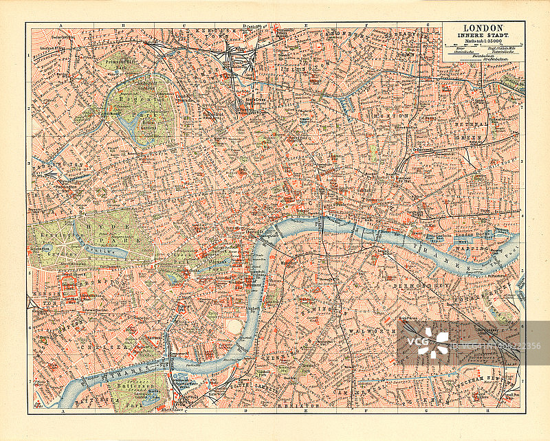 英格兰伦敦（市中心）古老彩色石印地图图片素材