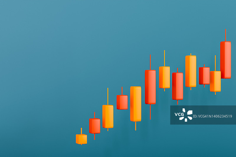 红色和橙色抽象柱状图上升的3D渲染，经济概念图片素材