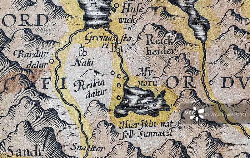 冰岛米湖，格哈德·墨卡托手绘着色冰岛铜版雕刻，1595年图片素材